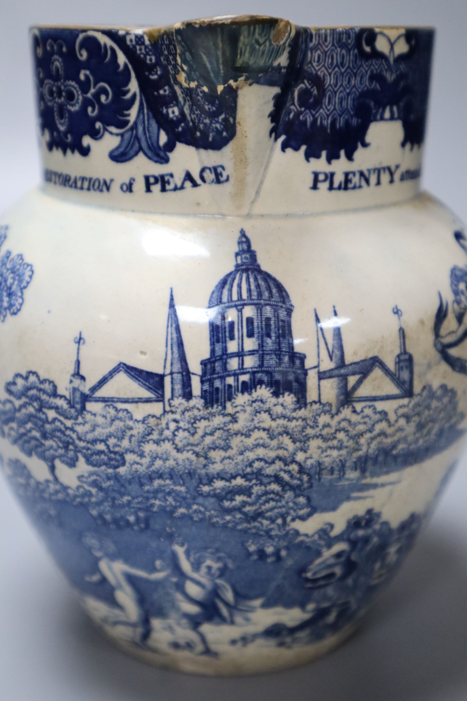 A rare pearlware jug commemorating the Peace of Amiens, c.1802, probably Swansea Pottery, 17cm